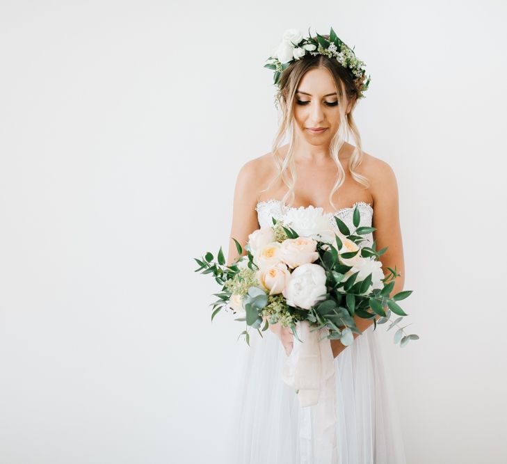 Bride in Watters Wedding Dress | Floral Crown | Peach Bouquet | Chris Barber Photography