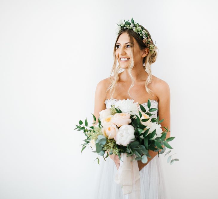 Bride in Watters Wedding Dress | Floral Crown | Peach Bouquet | Chris Barber Photography