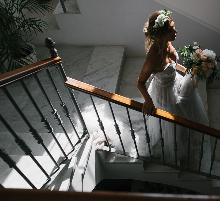 Bride in Watters Wedding Dress | Floral Crown | Peach Bouquet | Chris Barber Photography