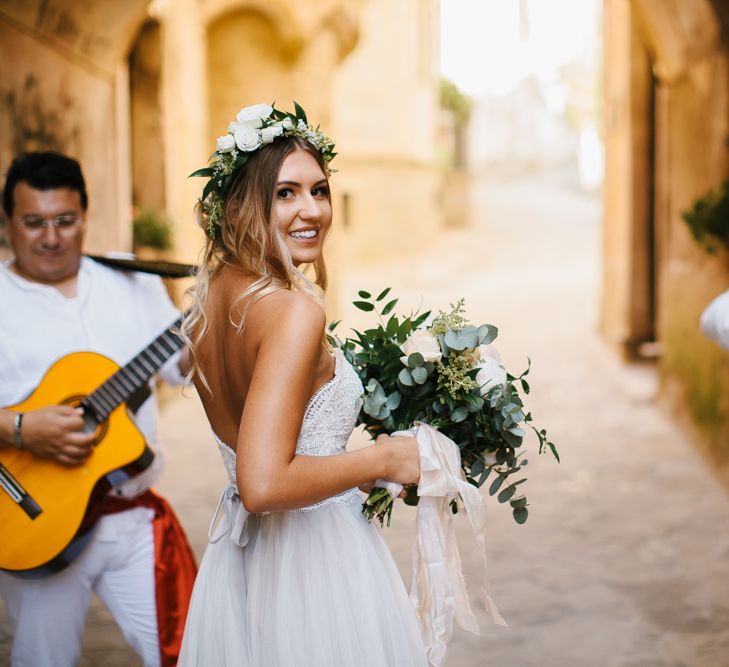 Bride in Watters Wedding Dress | Floral Crown | Peach Bouquet | Chris Barber Photography