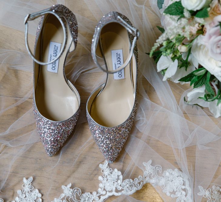 Silver Glitter Jimmy Choo Bridal Accessories | Elegant Notley Abbey Wedding | Natalie J Weddings Photography