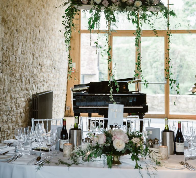 Top Table Hanging Floral Installation | Elegant Notley Abbey Wedding | Natalie J Weddings Photography