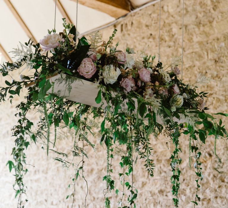 Blush Flower Hanging Installation | Elegant Notley Abbey Wedding | Natalie J Weddings Photography