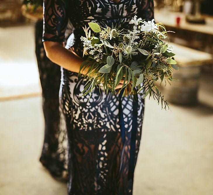 Bridesmaids In Navy With Pretty Bouquets