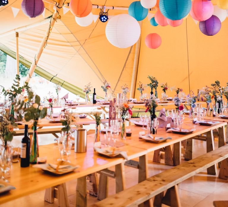 Colourful Rustic Tipi Reception | Hanging Paper Lanterns