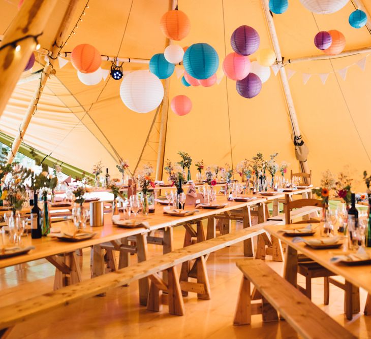 Colourful Rustic Tipi Reception | Hanging Paper Lanterns