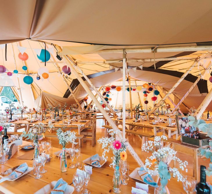 Colourful Rustic Tipi Reception | Hanging Paper Lanterns