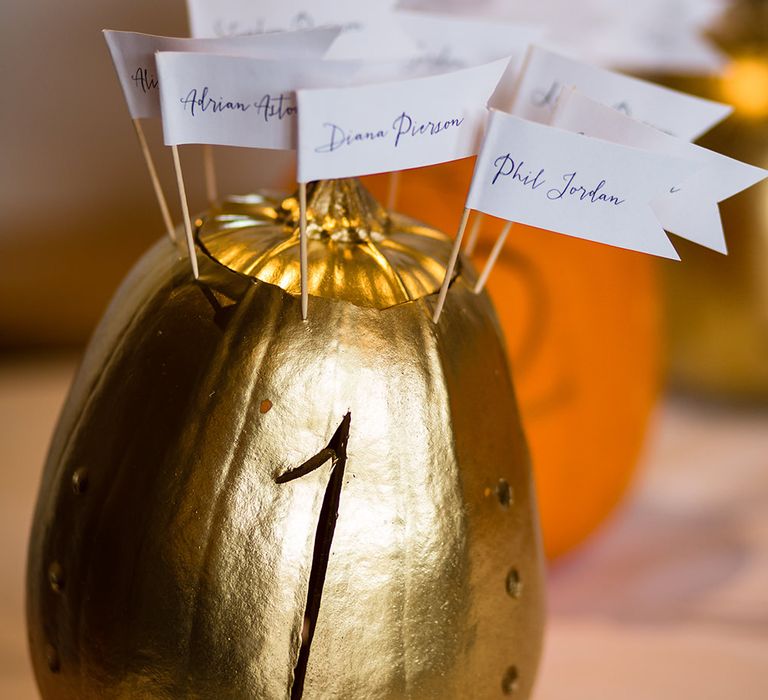 Gold Spray Painted Pumpkin | Autumn Rustic Wedding at Curradine Barns | Jo Hastings Photography