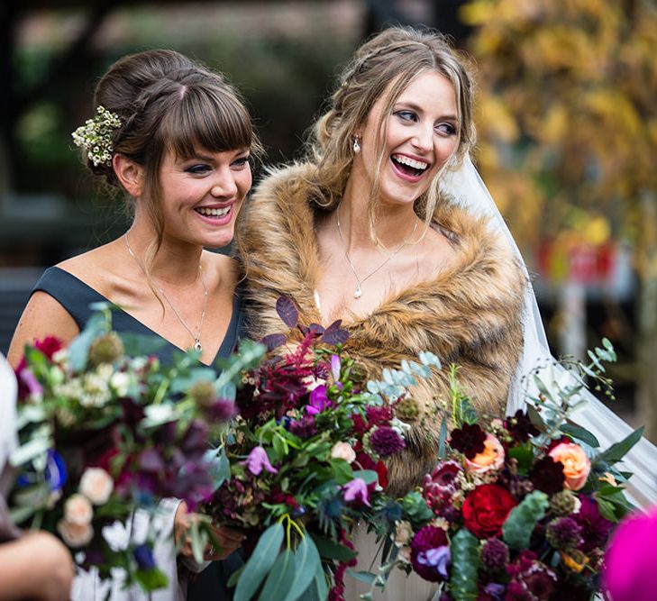 Bride in Sottero & Midgely Emsley Gown | Bridesmaids in Jewel Coloured Mori Lee Dresses | Autumn Rustic Wedding at Curradine Barns | Jo Hastings Photography