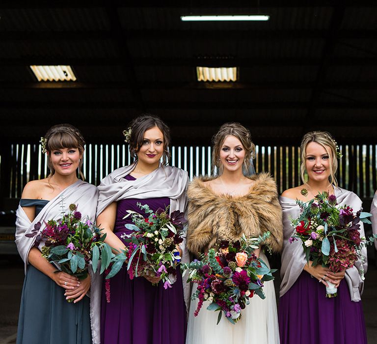 Bride in Sottero & Midgely Emsley Gown | Bridesmaids in Jewel Coloured Mori Lee Dresses | Autumn Rustic Wedding at Curradine Barns | Jo Hastings Photography