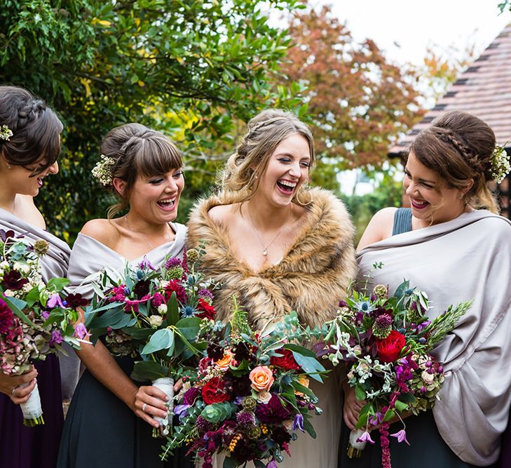 Bride in Sottero & Midgely Emsley Gown | Bridesmaids in Jewel Coloured Mori Lee Dresses | Autumn Rustic Wedding at Curradine Barns | Jo Hastings Photography