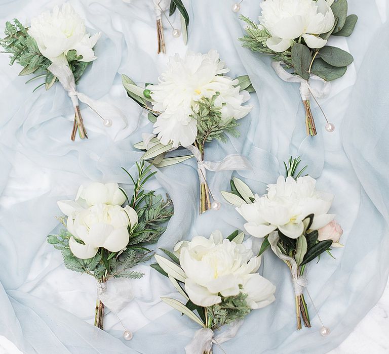 White Flower Buttonholes | Marble, Copper & Greenery Wedding at Cripps Barn Cotswolds | Summer Lily Studio Photography