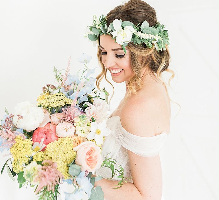 Flower Crown & Pastel Bridal Bouquet | Marble, Copper & Greenery Wedding at Cripps Barn Cotswolds | Summer Lily Studio Photography