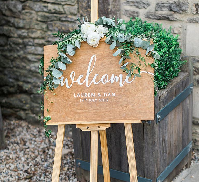 Wooden Welcome Sign with Peonies & Eucalyptus Decor | Marble, Copper & Greenery Wedding at Cripps Barn Cotswolds | Summer Lily Studio Photography