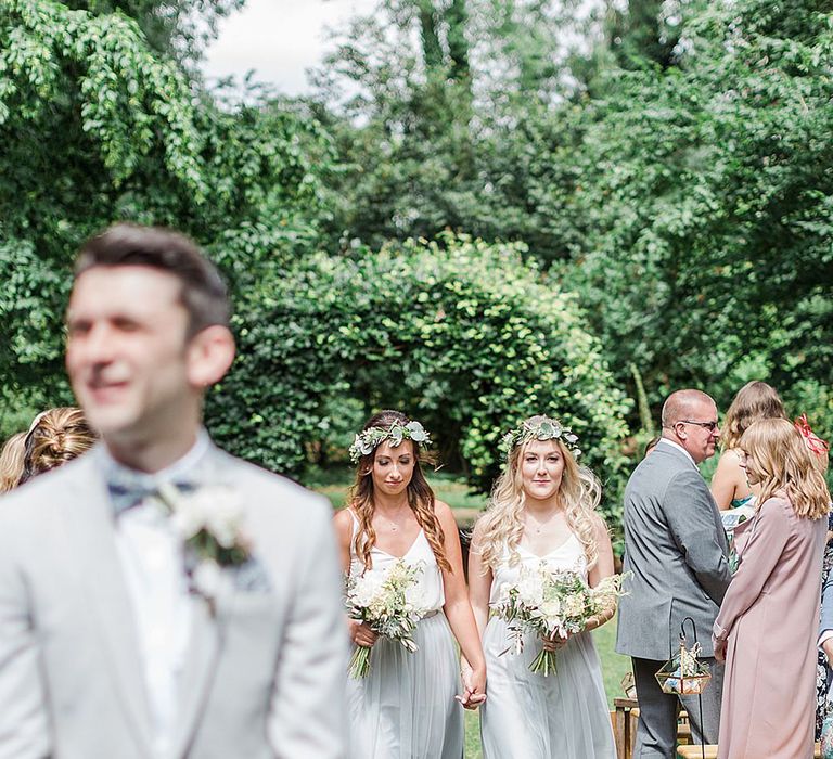 Outdoor Wedding Ceremony | Bridesmaids in Grey Skirts & White Tops | Outdoor Wedding Ceremony Bride in Heaton Wtoo by Watters Gown | Groom in ASOS Suit | Marble, Copper & Greenery Wedding at Cripps Barn Cotswolds | Summer Lily Studio Photography