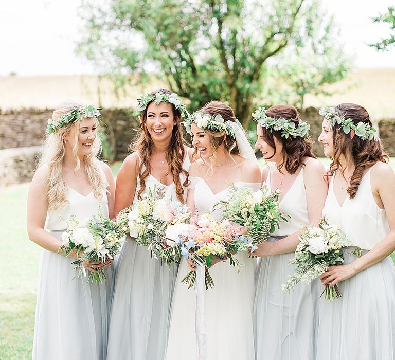 Bride in Heaton Wtoo by Watters Gown | Bridesmaid in Grey Tulle Skirts & White Cami Separates | Marble, Copper & Greenery Wedding at Cripps Barn Cotswolds | Summer Lily Studio Photography