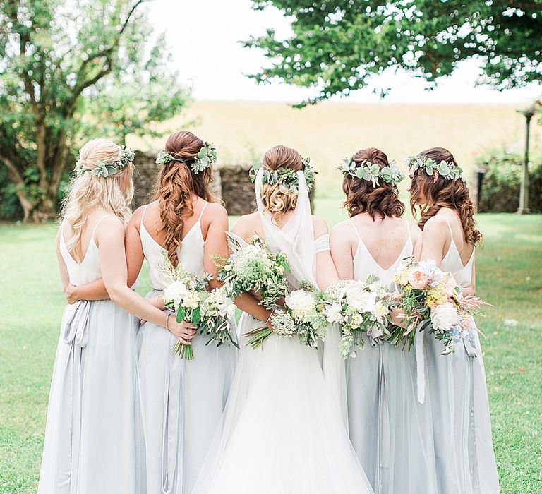 Bride in Heaton Wtoo by Watters Gown | Bridesmaid in Grey Tulle Skirts & White Cami Separates | Marble, Copper & Greenery Wedding at Cripps Barn Cotswolds | Summer Lily Studio Photography