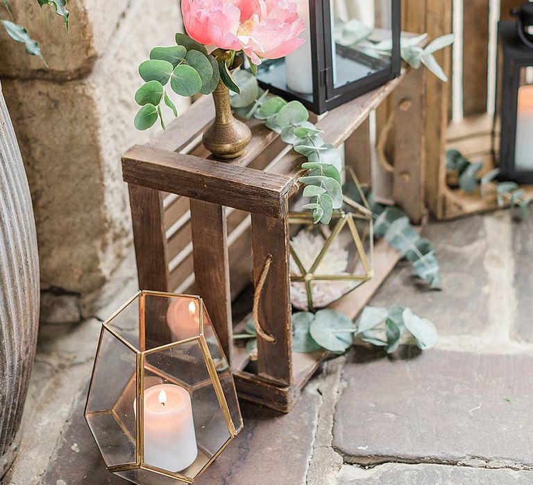 Wooden Crates, Lanterns, Eucalyptus & Peony Wedding Decor | Marble, Copper & Greenery Wedding at Cripps Barn Cotswolds | Summer Lily Studio Photography