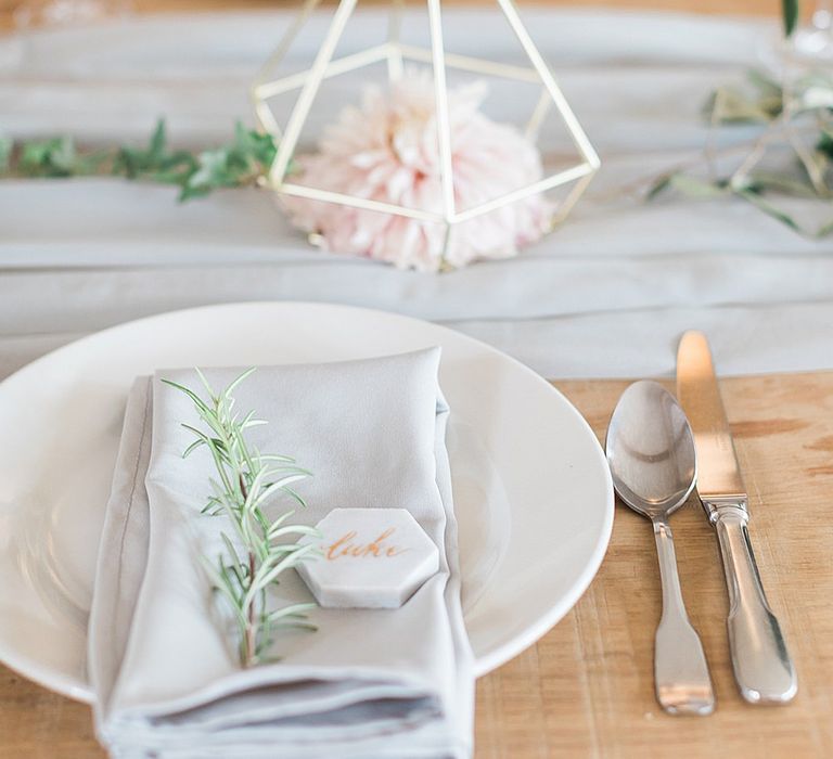 Marble Name Place Setting | Marble, Copper & Greenery Wedding at Cripps Barn Cotswolds | Summer Lily Studio Photography