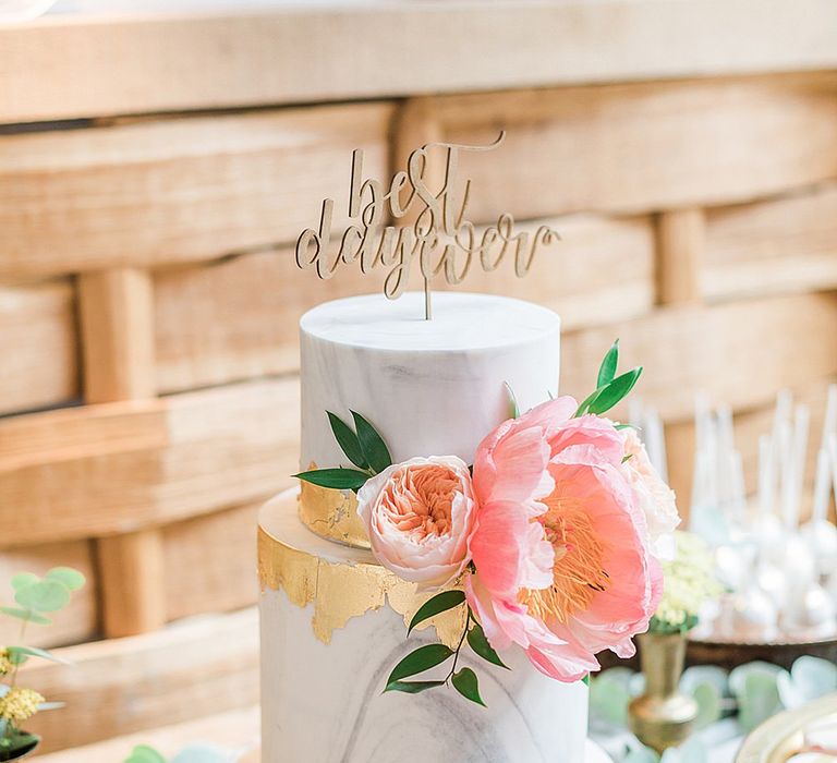 Marble Wedding Cake with Gold Leaf Decor & Peony Topper | Marble, Copper & Greenery Wedding at Cripps Barn Cotswolds | Summer Lily Studio Photography