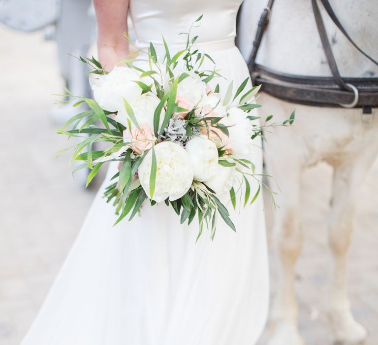 White & Greenery Wedding Bouquet | Intimate Outdoor Destination Wedding at Kinsterna Hotel & Spa in Greece | Cecelina Photography