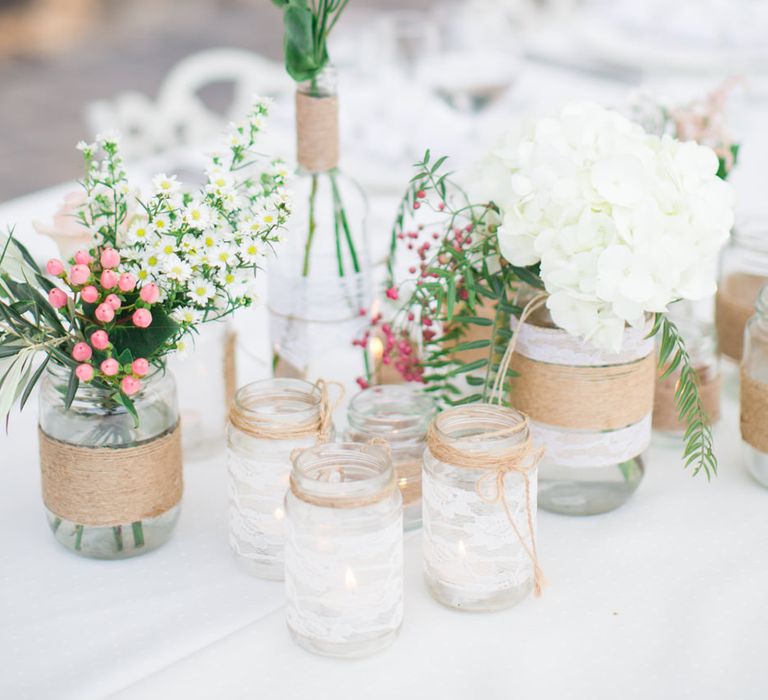 Flower Stems in Jars & Vases | Wedding Decor | Intimate Outdoor Destination Wedding at Kinsterna Hotel & Spa in Greece | Cecelina Photography