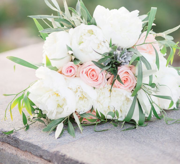 White Peony & Peach Rose Bouquet | Intimate Outdoor Destination Wedding at Kinsterna Hotel & Spa in Greece | Cecelina Photography