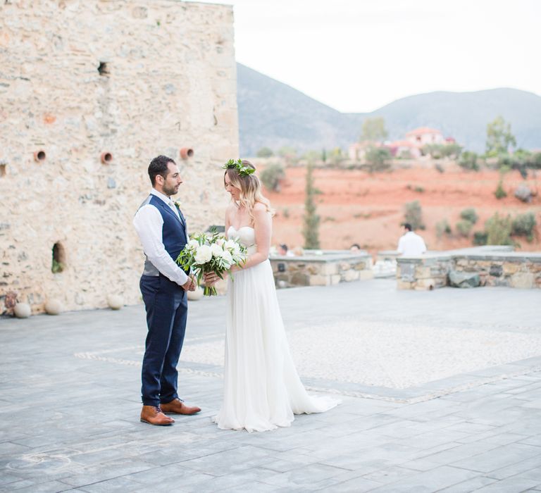 Bride in BHLDN Wedding Dress | Groom in Blue Ted Baker Suit | Kinsterna Hotel & Spa in Greece | Cecelina Photography