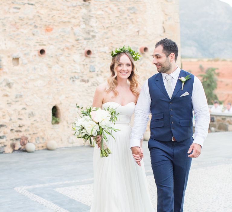 Bride in BHLDN Wedding Dress | Groom in Blue Ted Baker Suit | Kinsterna Hotel & Spa in Greece | Cecelina Photography