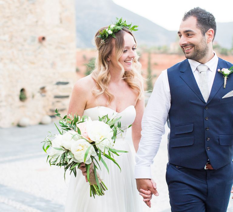 Bride in BHLDN Wedding Dress | Groom in Blue Ted Baker Suit | Kinsterna Hotel & Spa in Greece | Cecelina Photography