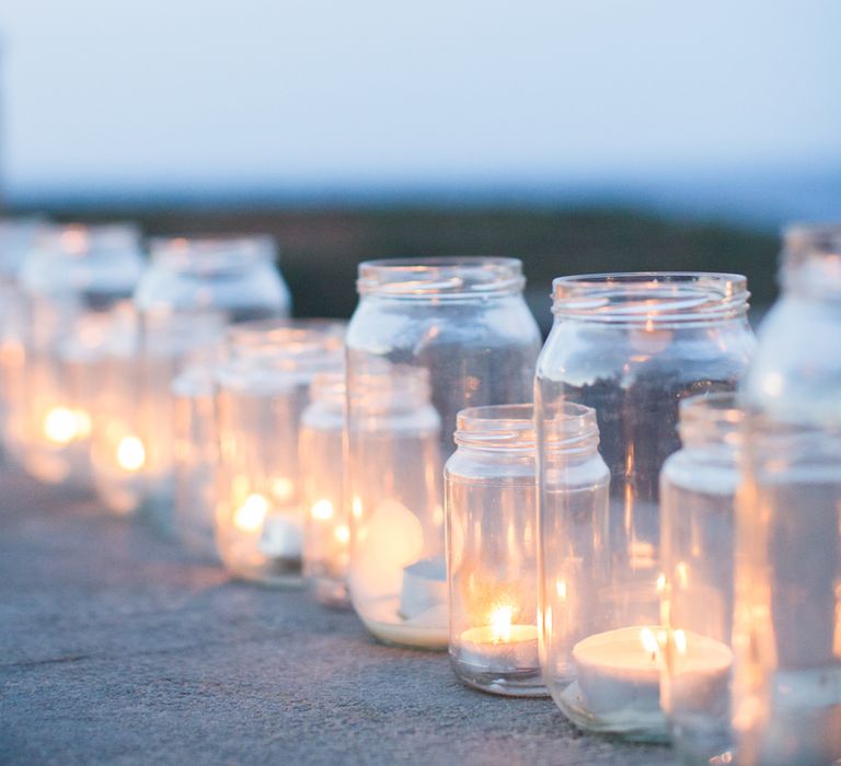 Tea Lights in Jars | Wedding Decor | Intimate Outdoor Destination Wedding at Kinsterna Hotel & Spa in Greece | Cecelina Photography