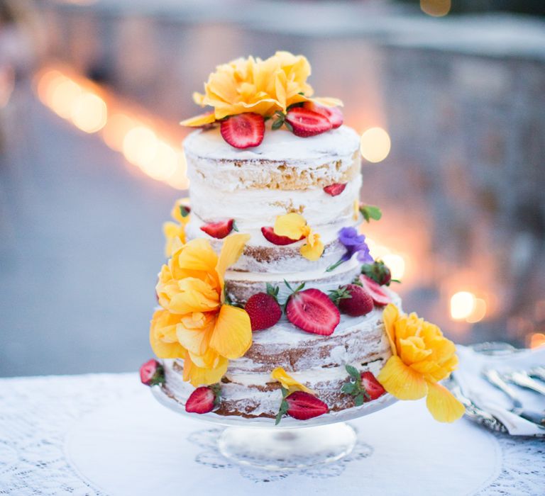 Semi Naked Wedding Cake Decorated with Flowers & Fruits | Intimate Outdoor Destination Wedding at Kinsterna Hotel & Spa in Greece | Cecelina Photography