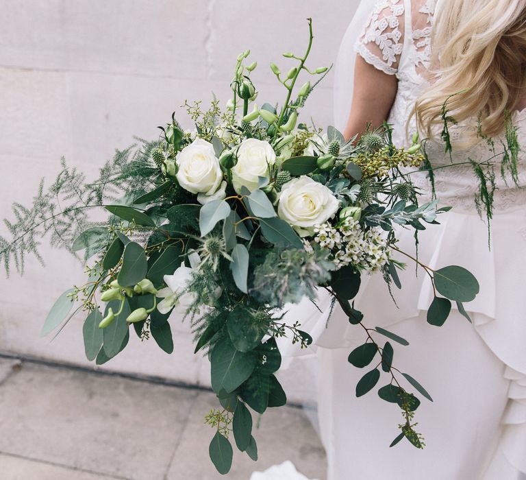 Green & White Bouquet | Bride in Alice Temperley Bluebell Gown | Stylish London Wedding | Eclection Photography