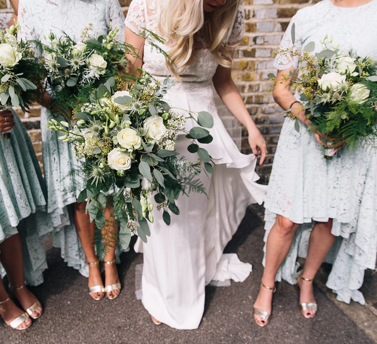 Bridesmaids in Mint Green High Low Lace ASOS Dresses | Bride in Alice Temperley Bluebell Gown | Stylish London Wedding | Eclection Photography