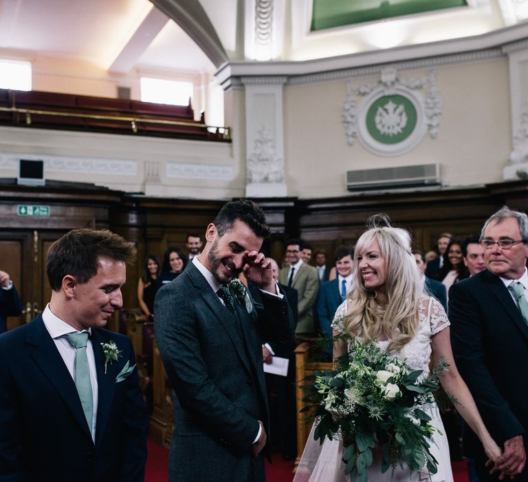 Wedding Ceremony | Bride in Alice Temperley Bluebell Gown | Groom in Reiss Suit | Stylish London Wedding | Eclection Photography