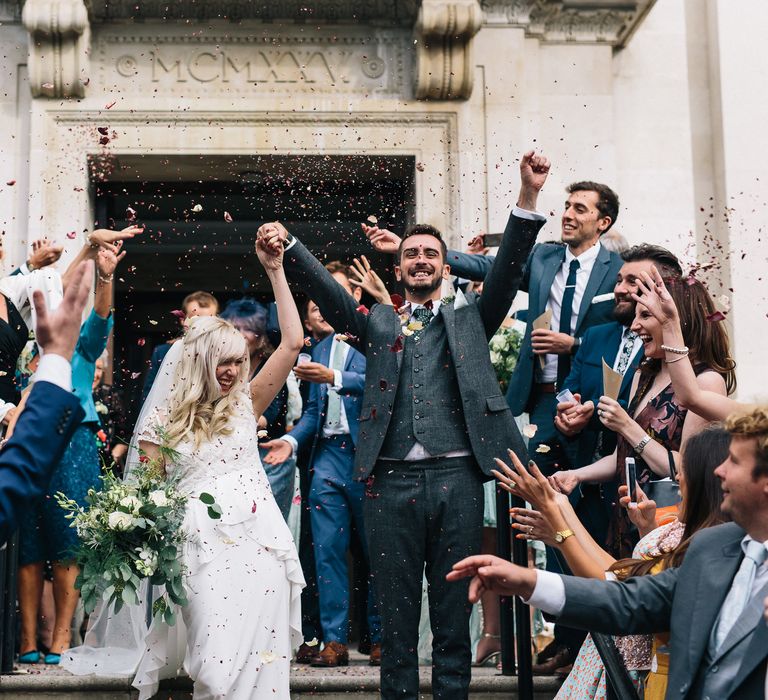 Confetti Moment | Bride in Alice Temperley Bluebell Gown | Groom in Reiss Suit | Stylish London Wedding | Eclection Photography