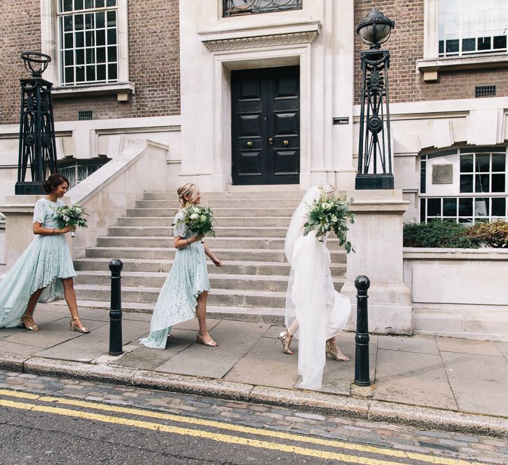 Bridesmaids in Mint Green High Low Lace ASOS Dresses | Bride in Alice Temperley Bluebell Gown | Stylish London Wedding | Eclection Photography