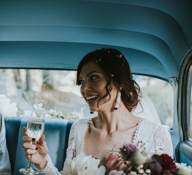 Vintage car | Boho Bride in Dreamers and Lovers Dress | Images by Louise Scott