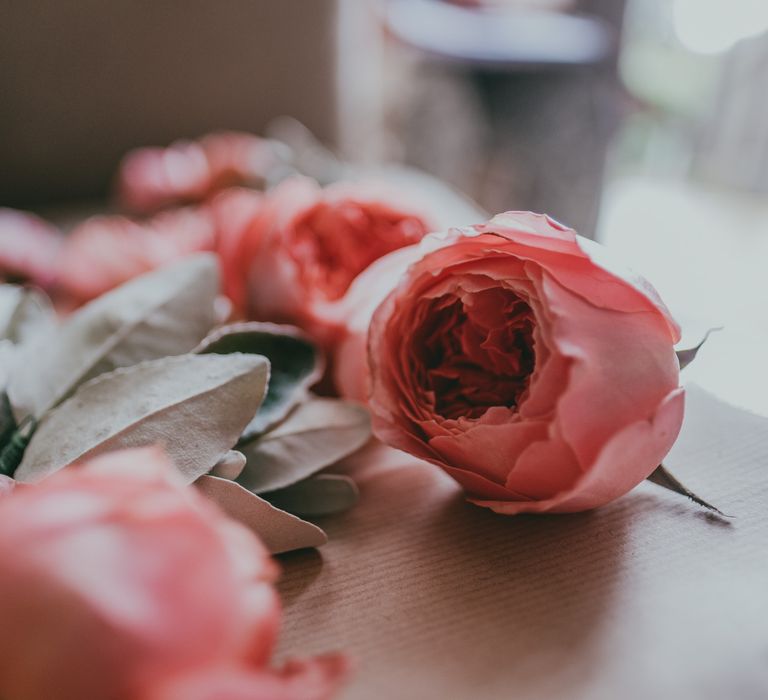 Wedding Flowers | Coral Wedding Cake with Peony Decor | Bride in Anna Campbell Gown from Coco & Kate Boutique | Groom in Next Wool Suit | Rustic Barn Pink Summer Wedding at Nancarrow Farm in Cornwall | Ross Talling Photography