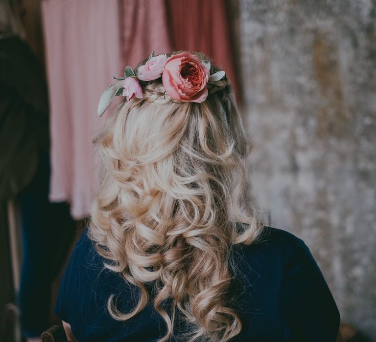 Curly Bridal Up Do with Fresh Flowers | Coral Wedding Cake with Peony Decor | Bride in Anna Campbell Gown from Coco & Kate Boutique | Groom in Next Wool Suit | Rustic Barn Pink Summer Wedding at Nancarrow Farm in Cornwall | Ross Talling Photography