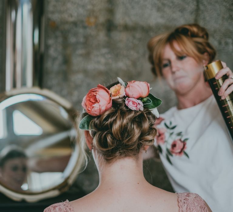 Bridal Up Do with Fresh Flowers | Coral Wedding Cake with Peony Decor | Bride in Anna Campbell Gown from Coco & Kate Boutique | Groom in Next Wool Suit | Rustic Barn Pink Summer Wedding at Nancarrow Farm in Cornwall | Ross Talling Photography