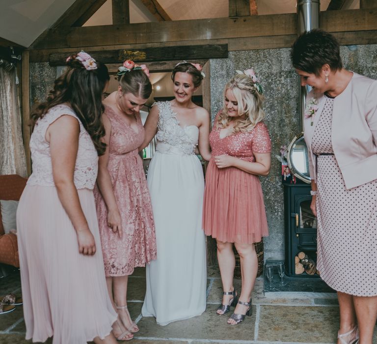 Bridal Party | Coral Wedding Cake with Peony Decor | Bride in Anna Campbell Gown from Coco & Kate Boutique | Groom in Next Wool Suit | Rustic Barn Pink Summer Wedding at Nancarrow Farm in Cornwall | Ross Talling Photography