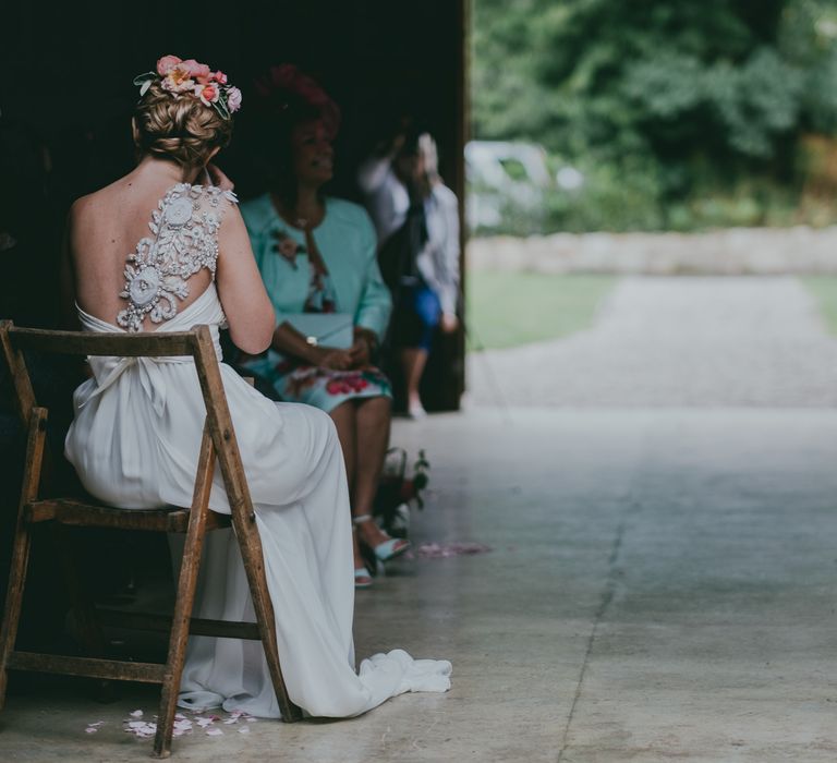 Wedding Ceremony | Bride in Anna Campbell Gown | Groom in Grey Wool Suit | Coral Wedding Cake with Peony Decor | Bride in Anna Campbell Gown from Coco & Kate Boutique | Groom in Next Wool Suit | Rustic Barn Pink Summer Wedding at Nancarrow Farm in Cornwall | Ross Talling Photography