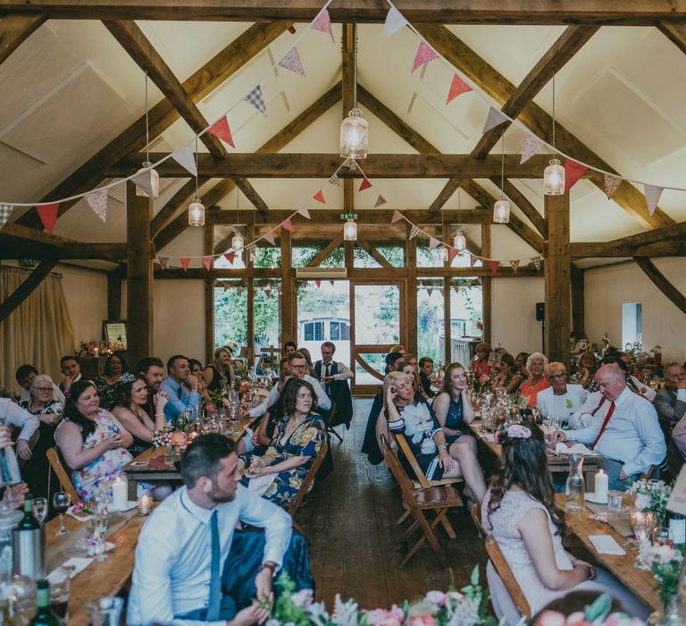 Bride in Anna Campbell Gown from Coco & Kate Boutique | Groom in Next Wool Suit | Rustic Barn Pink Summer Wedding at Nancarrow Farm in Cornwall | Ross Talling Photography