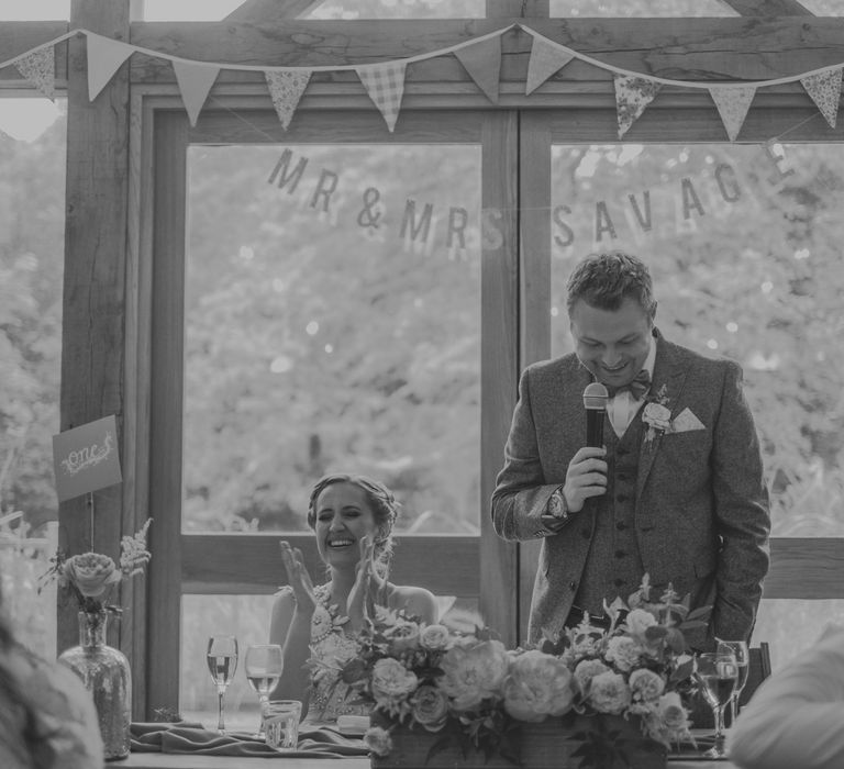 Speeches | Bride in Anna Campbell Gown from Coco & Kate Boutique | Groom in Next Wool Suit | Rustic Barn Pink Summer Wedding at Nancarrow Farm in Cornwall | Ross Talling Photography