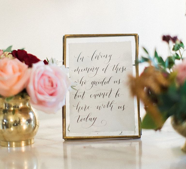 Script Wedding Sign | Peach, Coral, Pink, Fuchsia, Red & Burgundy Floral Decor by Westwood Design | Jacob & Pauline Photography | Pretty in White Films