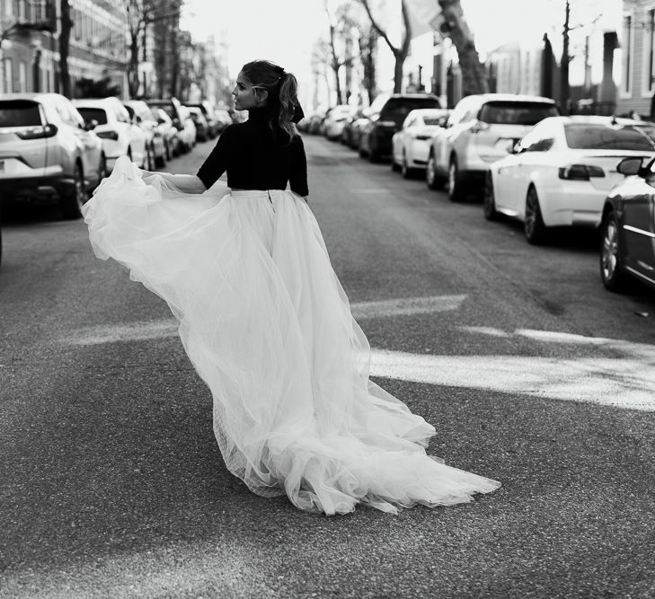 Intimate Elopement In New York City With Bride In Black Sweater And Blue Tulle Skirt And A Ponytail With Images From Forester Fotografos