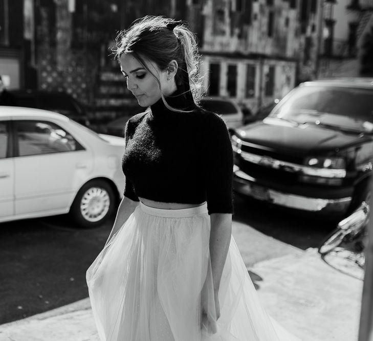 Intimate Elopement In New York City With Bride In Black Sweater And Blue Tulle Skirt And A Ponytail With Images From Forester Fotografos