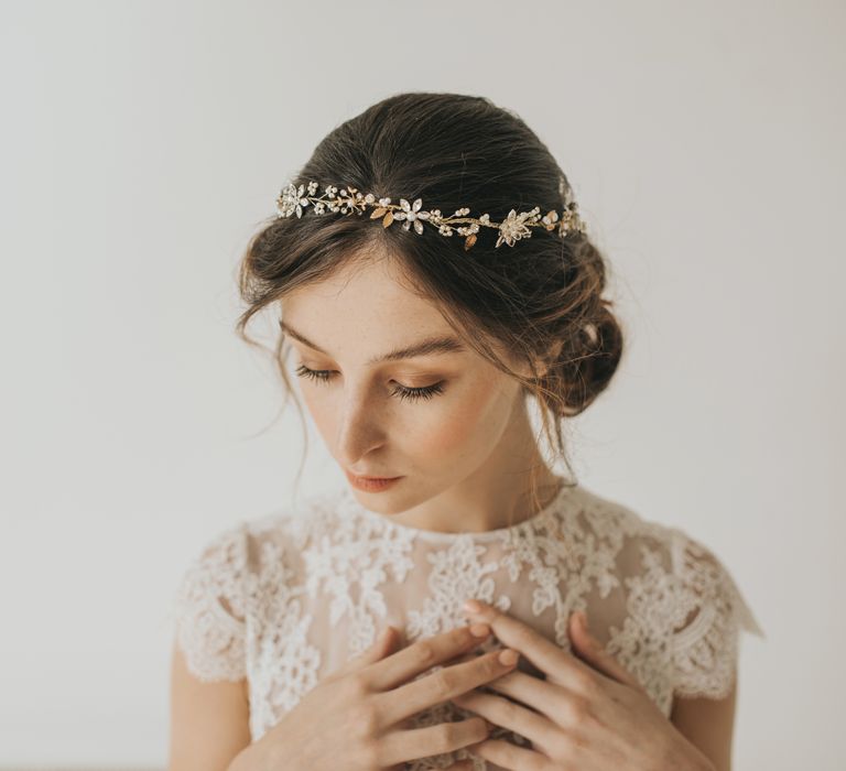 Philomena blossoms and leaves gilded headpiece by Halo and Co