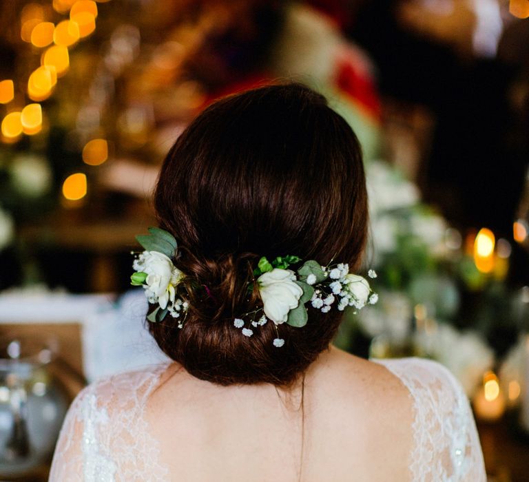 Bride With Up Do Decorated With Fresh Flowers